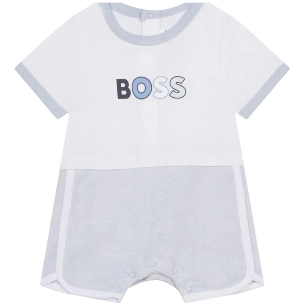Boss Infant Romper in White and Light Blue